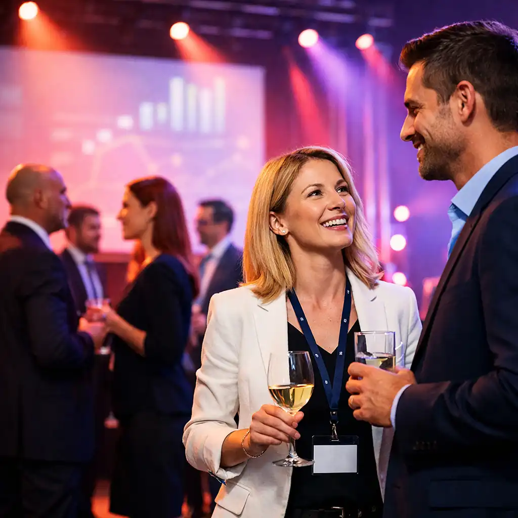 Modern céges rendezvény, ahol üzleti öltözetű emberek networkingelnek, háttérben vetítővászon és színpadi fények