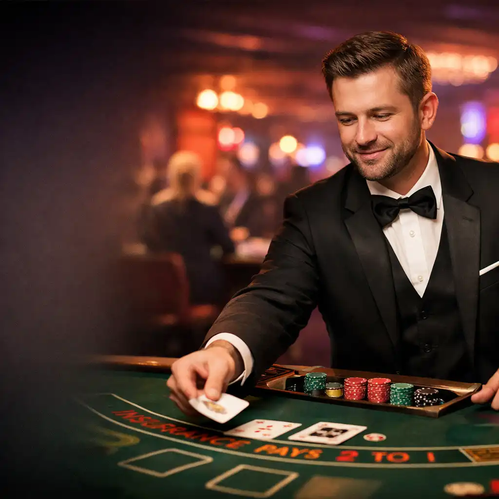 Professzionális krupié elegáns öltönyben, amint kártyát oszt egy blackjack asztalnál