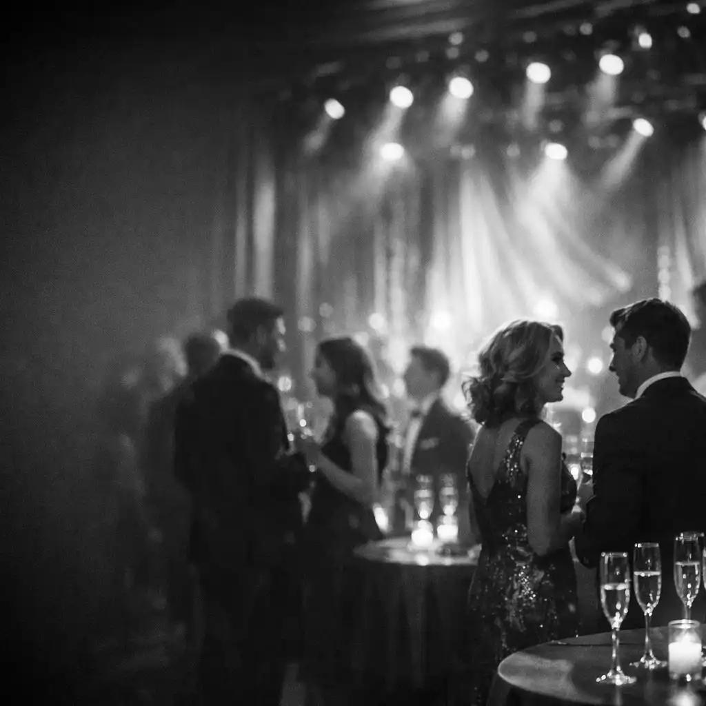 Elegáns privát parti hangulata meleg fényekkel, pezsgőspoharakkal és korall-lila színpadi világítással